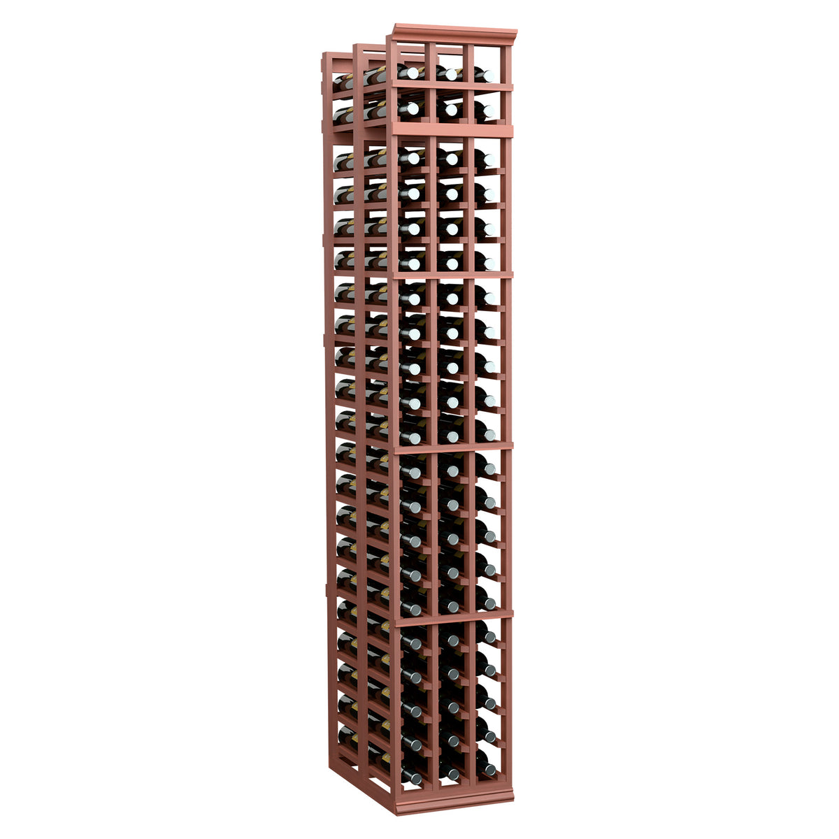 3-column double-deep wine rack, reddish wood stain, front bottle openings in rows