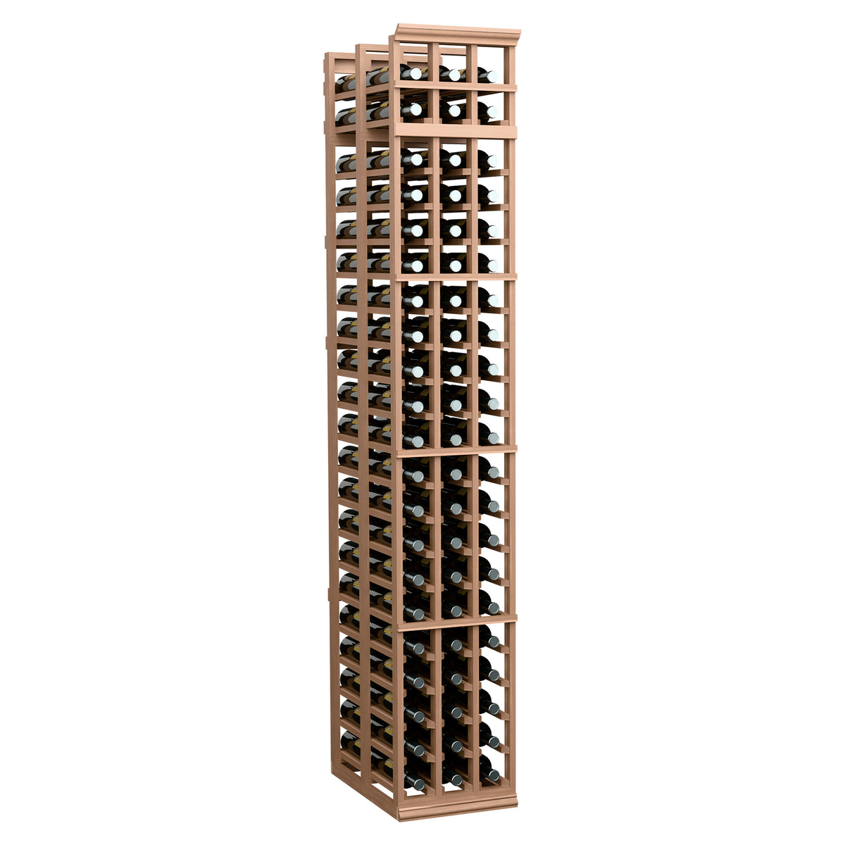 3-column double-deep wine rack, light wood stain, stacked bottle openings with grid