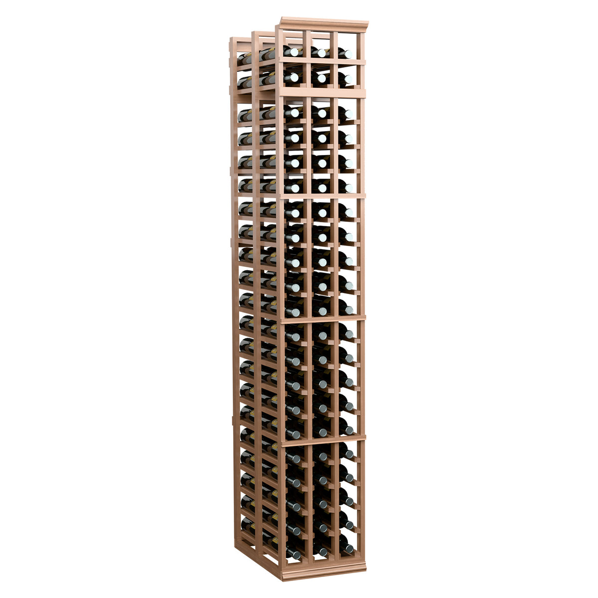 3-column double-deep wine rack, light wood stain, tall double-depth bottle storage