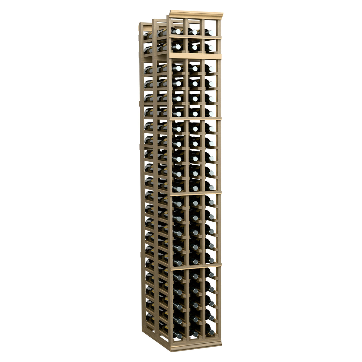 3-column double-deep wine rack, pale light wood stain, front grid with bottle holes