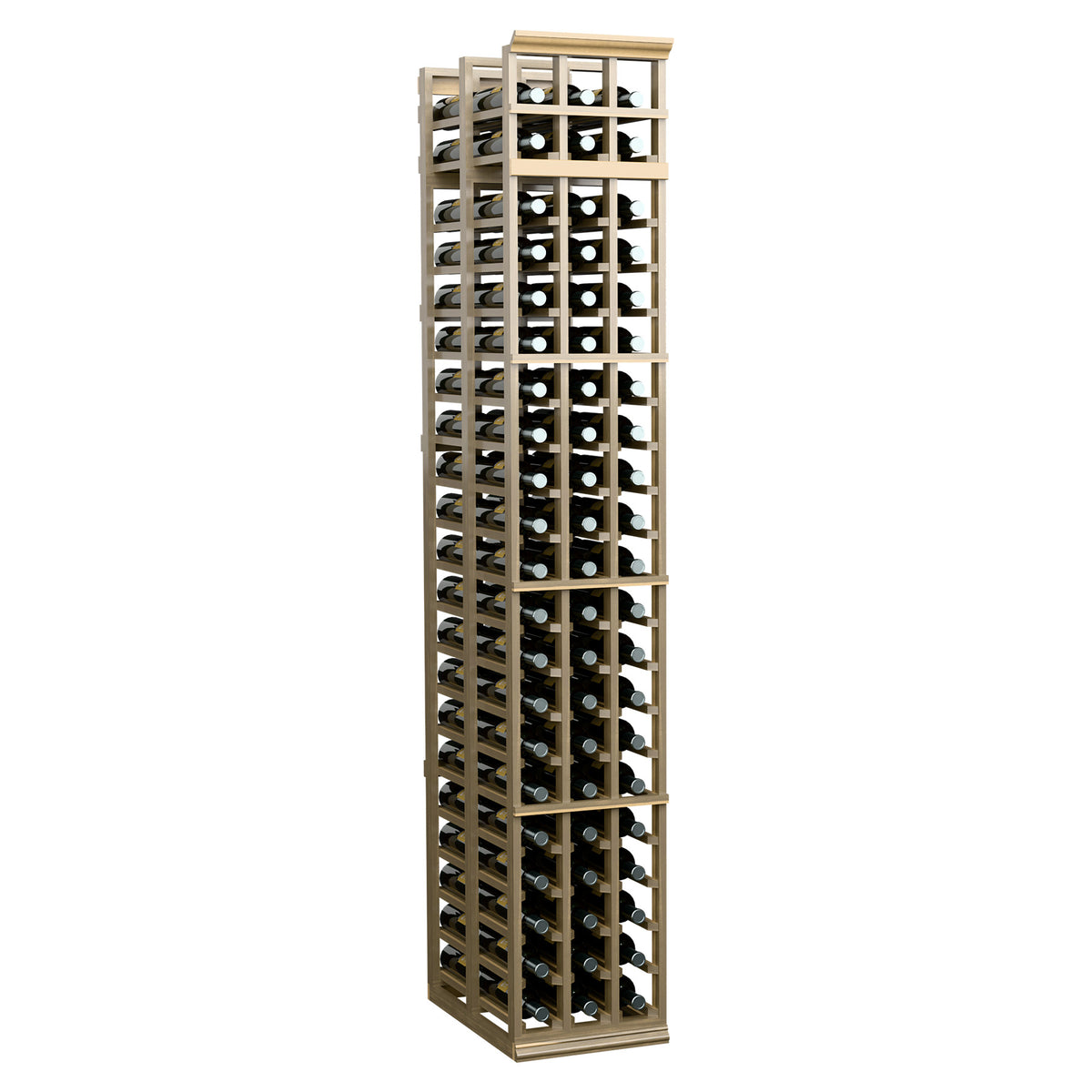 3-column double-deep wine rack, light wood stain, two-deep bottle slots in frame