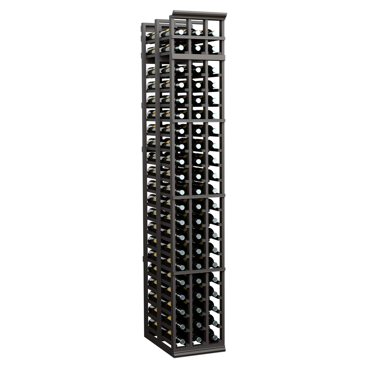 3-column double-deep wine rack, dark wood stain, bottle openings visible on front