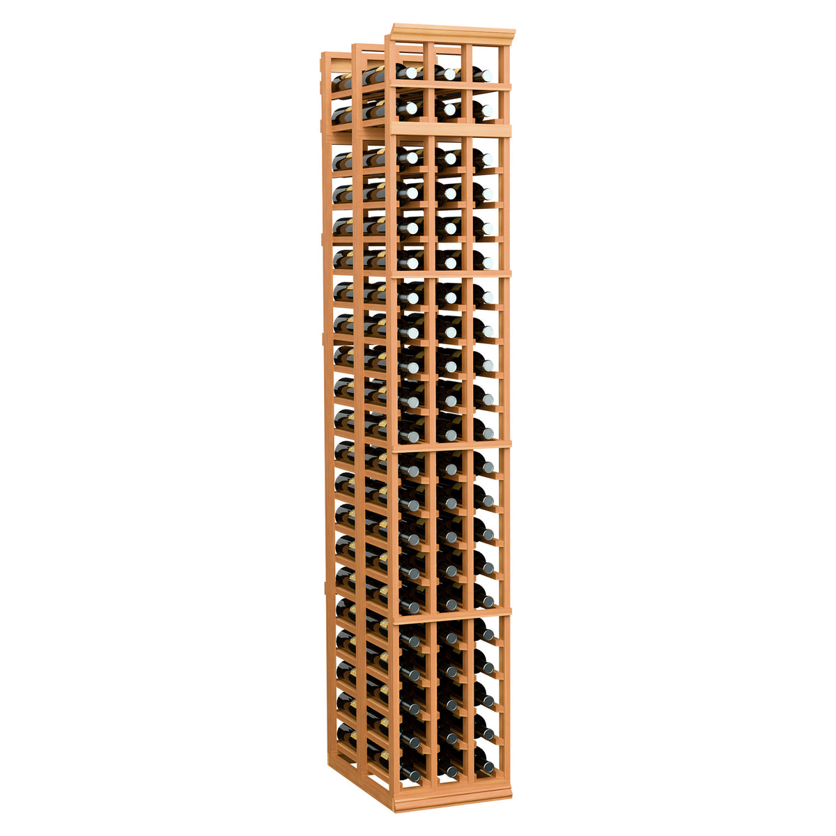 7-ft double-deep wine rack in warm reddish wood with two columns of bottle slots