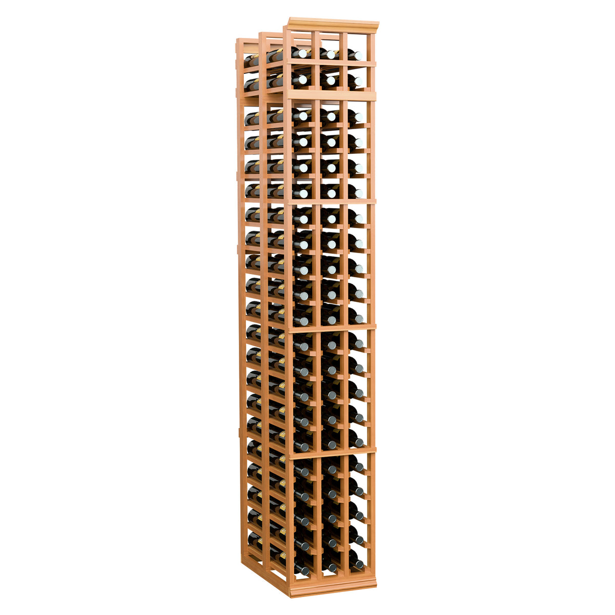 7-ft double-deep wine rack in warm reddish wood, slightly angled front view with bottle slots