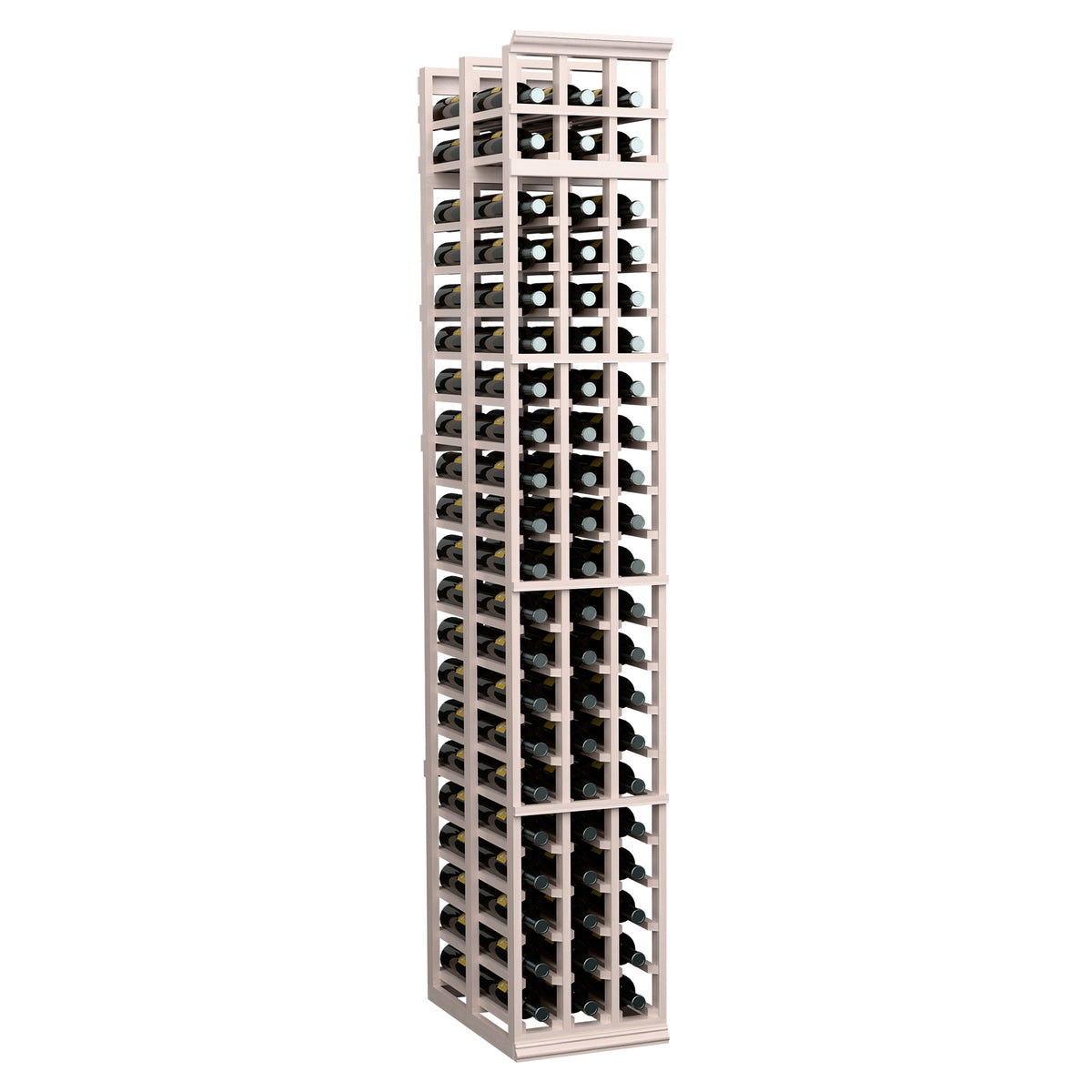 7-ft double-deep wine rack in gray-stained wood, slightly angled front view with bottle slots