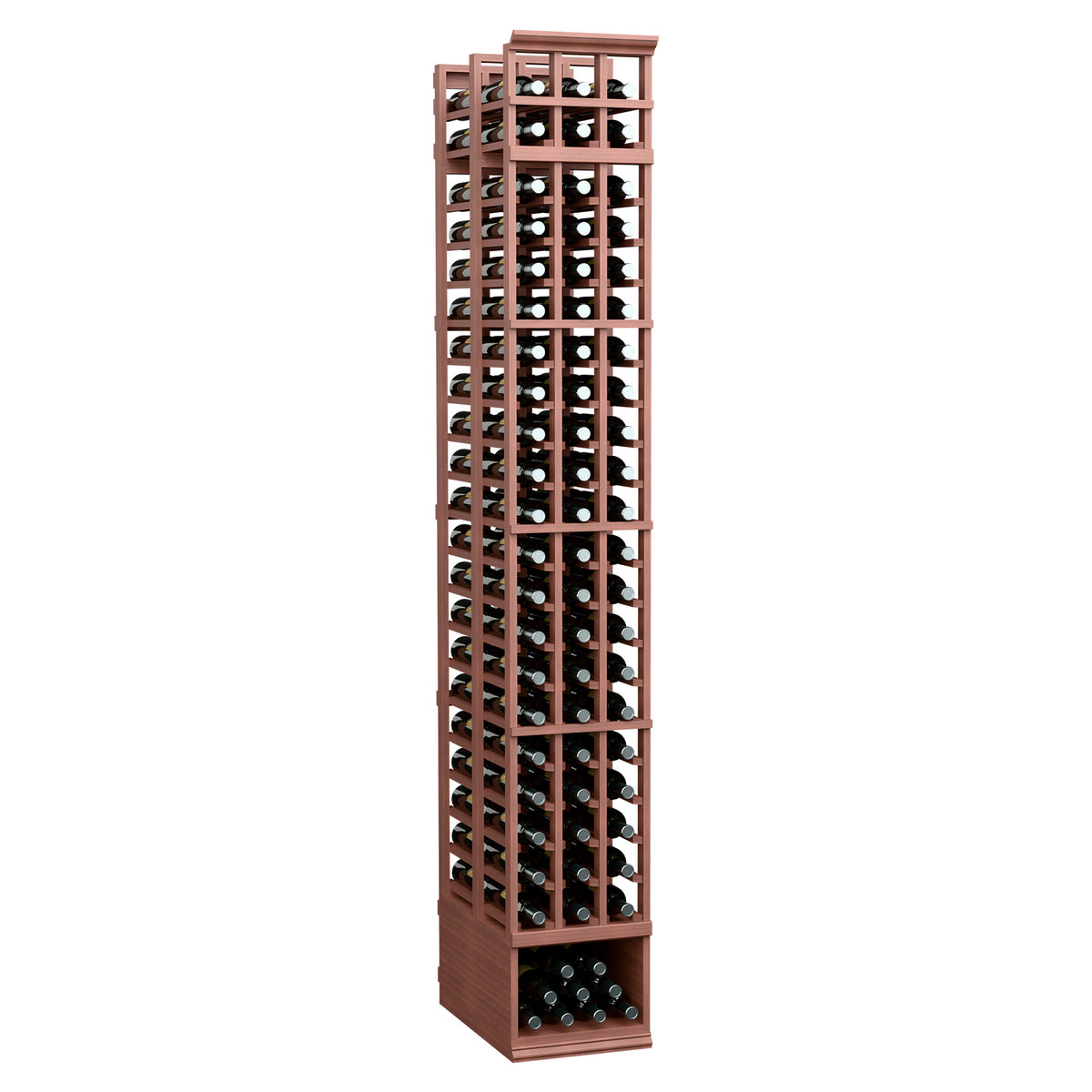 Tall red-brown wine bottle rack with wooden frame, grid slots, and front bottle tray