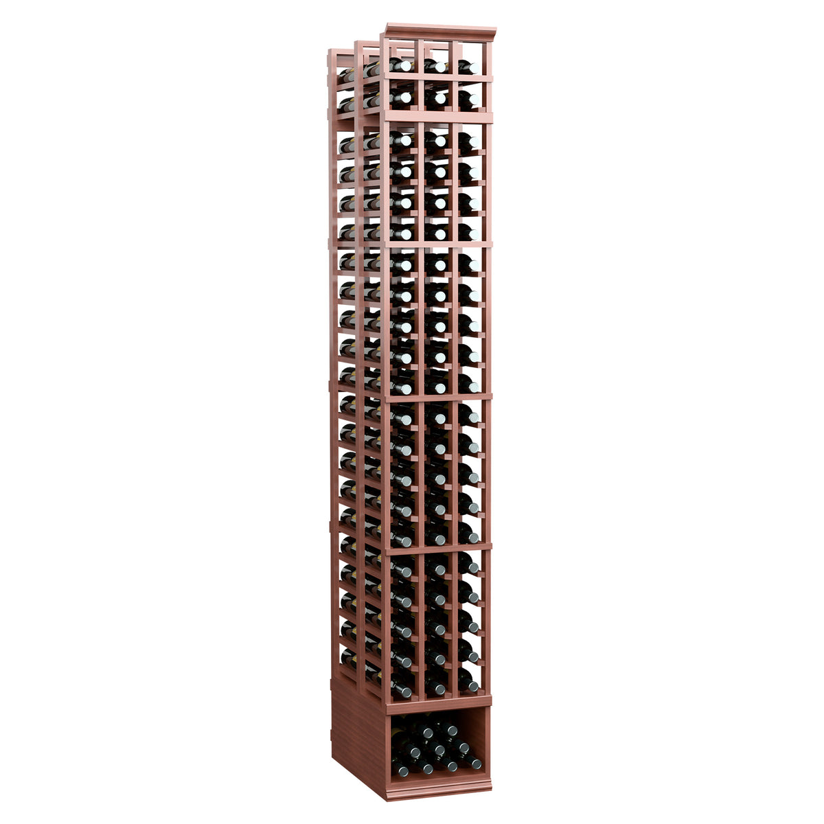 Tall red-brown wine bottle rack with double-deep grid rows and front lower tray