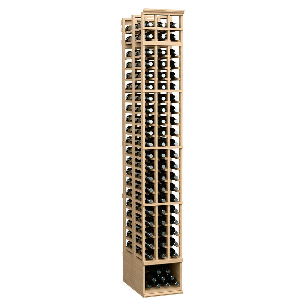Tall light wood wine bottle rack with grid slots, double-deep rows, and front tray