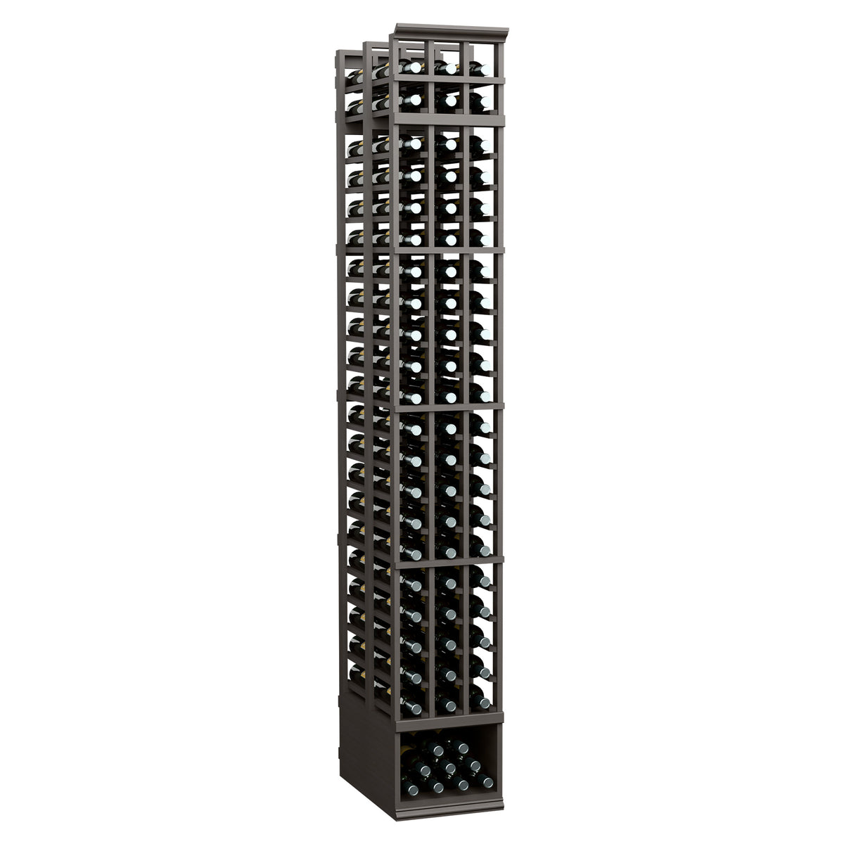 Tall dark wine bottle rack with black frame, grid slots, and front lower tray