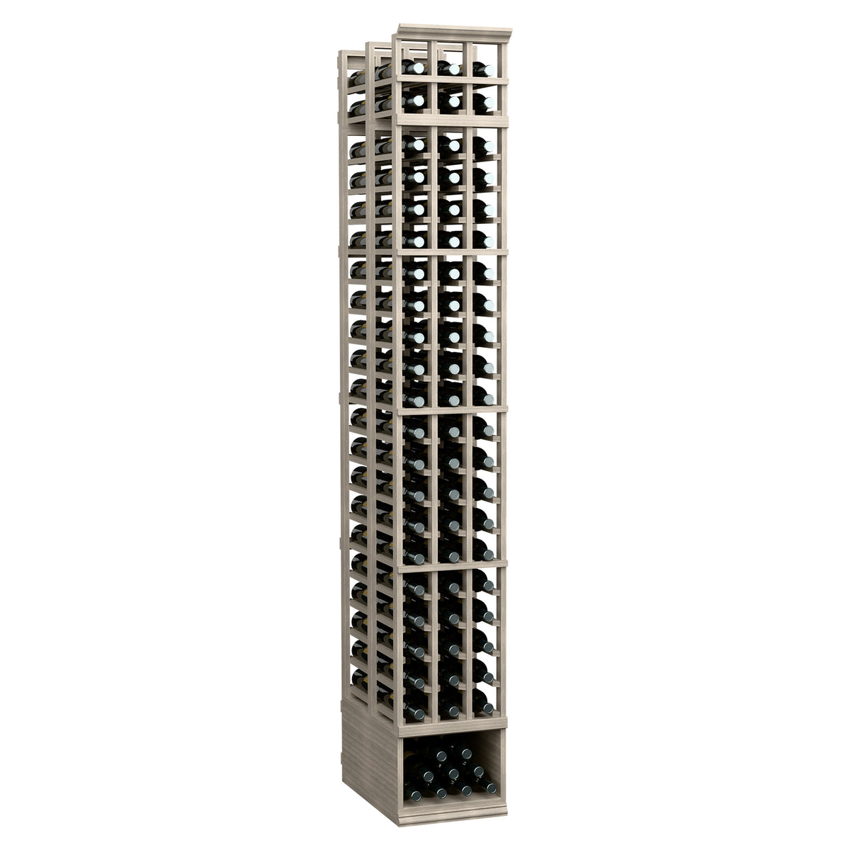 3-column double-deep wine bottle rack with gray metal grid and wooden base
