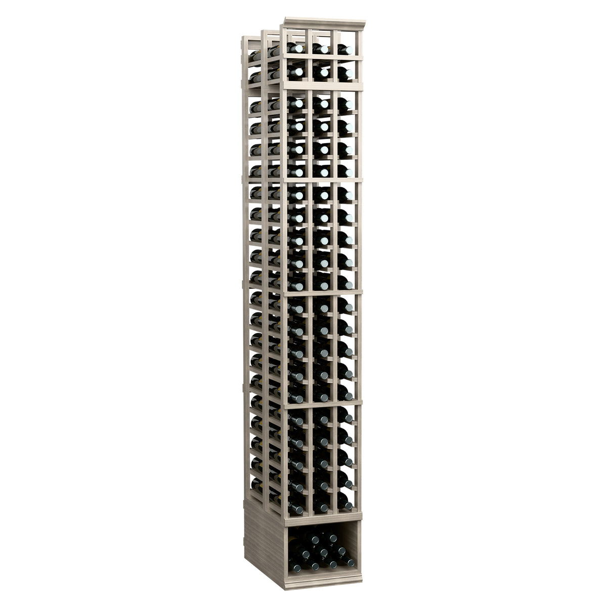 3-column double-deep wine bottle rack with light frame and dark inner grid