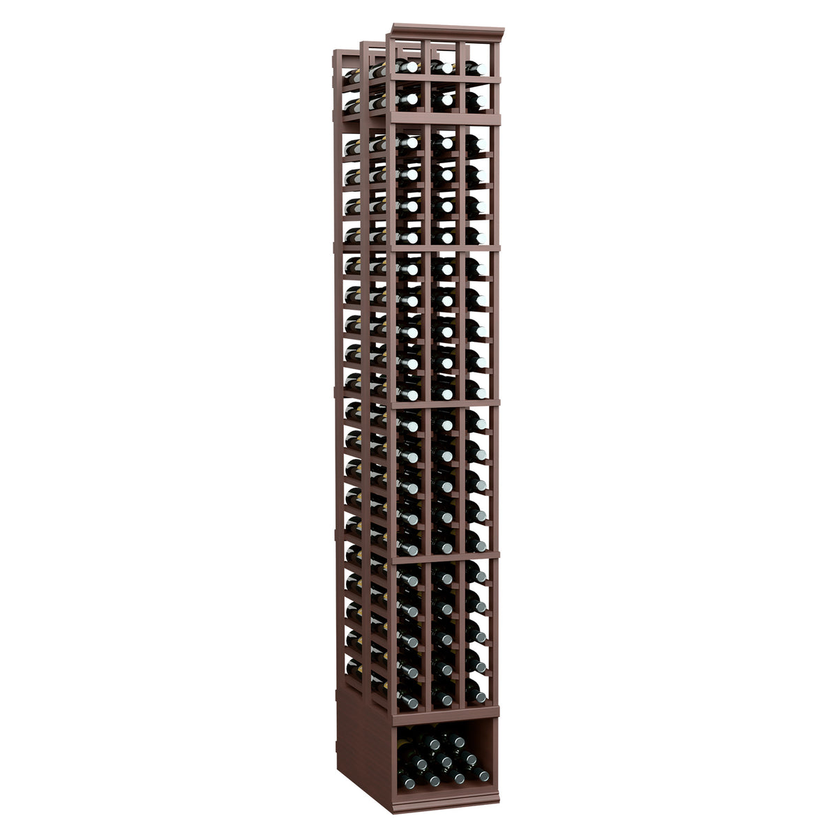 3-column double-deep wine bottle rack with espresso-brown frame and dark bottle holes