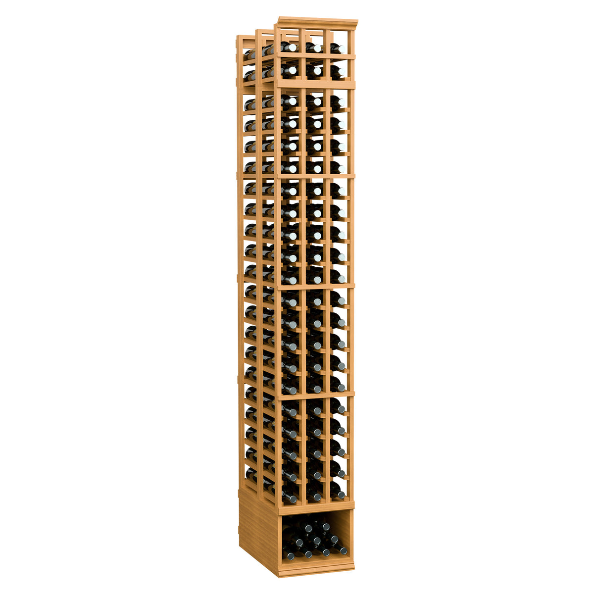 3-column double-deep wine bottle rack with warm wood frame and light wire squares