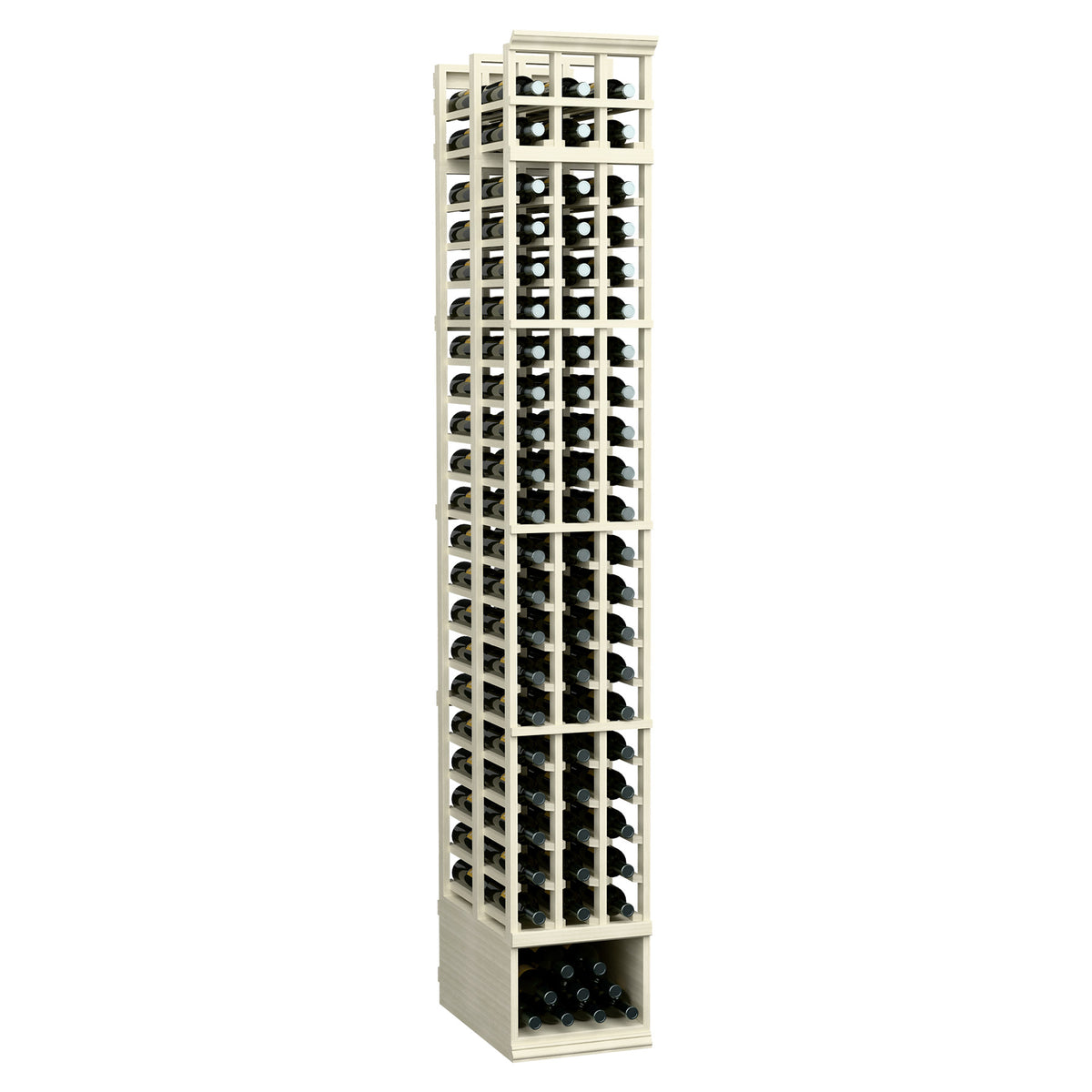 3-column double-deep wine bottle rack with white frame and dark bottle holes