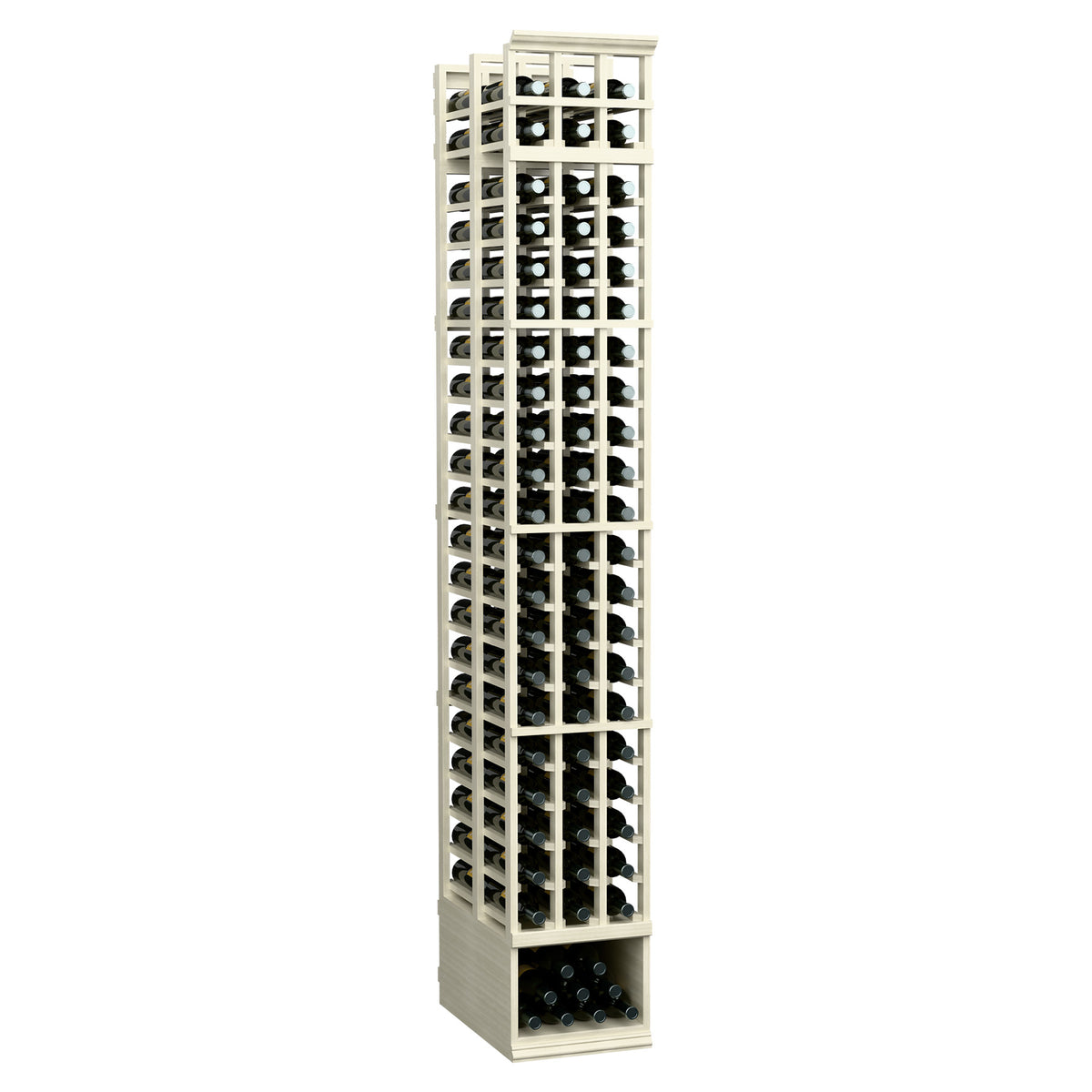3-column double-deep wine bottle rack with white frame and rows of wine bottle slots
