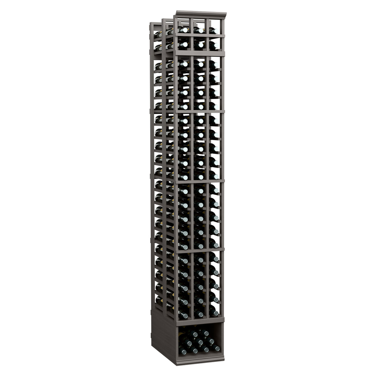 3-column double-deep wine rack with black metal grid and dark wood base, bottle slots visible