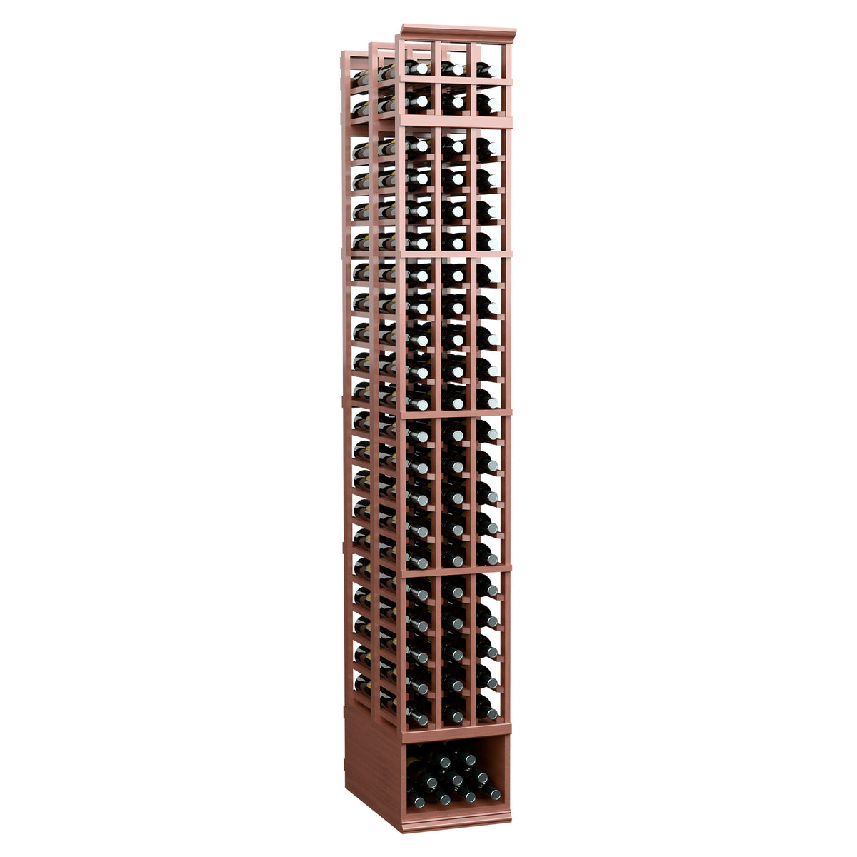 3-column double-deep wine rack with copper-brown wood frame and open bottle grid