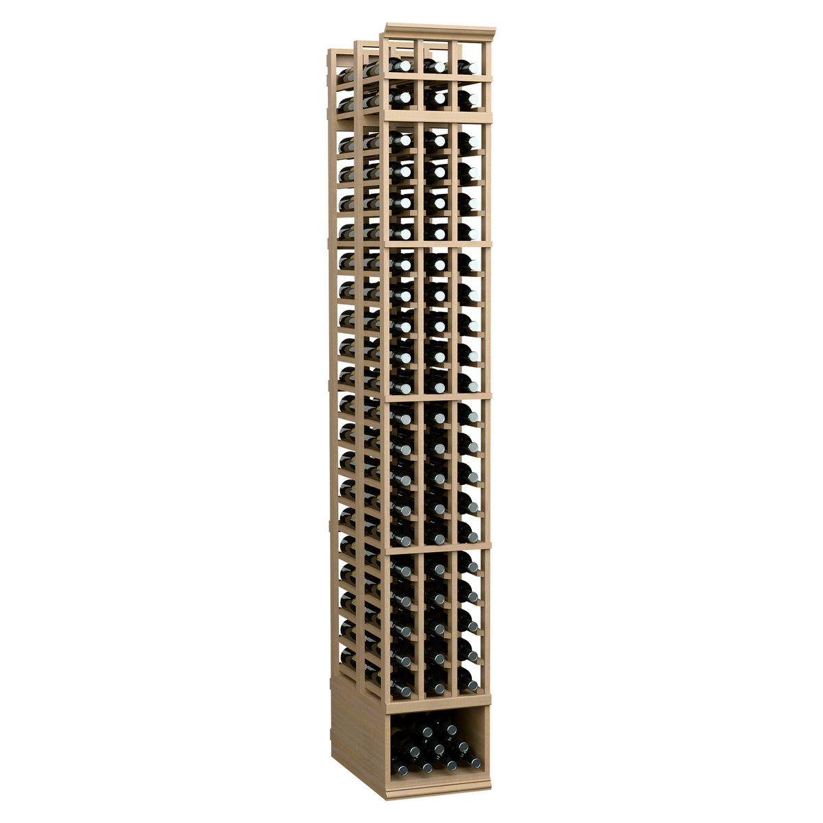 3-column double-deep wine rack with light wood frame and open bottle grid