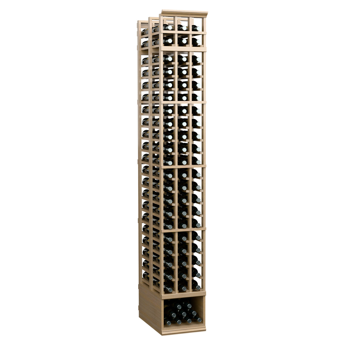 3-column double-deep wine rack with light wood frame and open bottle grid