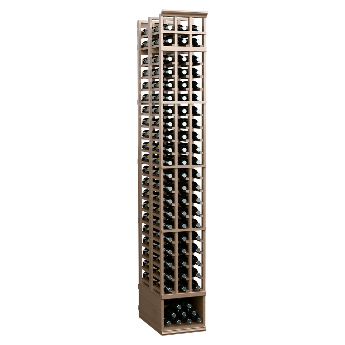 3-column double-deep wine rack with light wood frame and open bottle grid