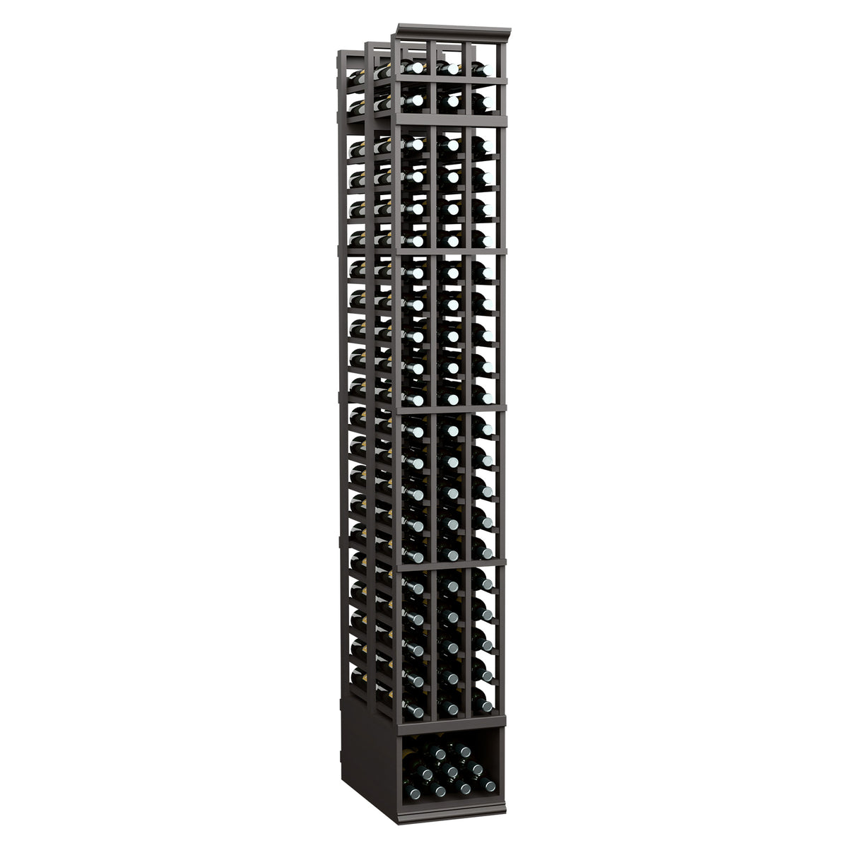 3-column double-deep wine rack with dark metal grid and dark wood base, bottle slots visible