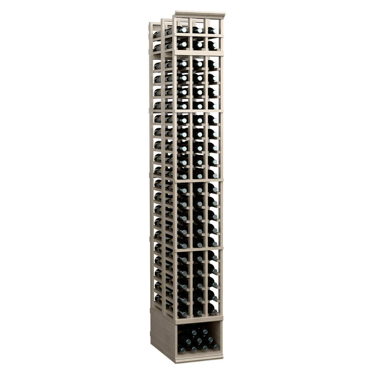 8ft double-deep wine bottle rack with 3 columns and whitewashed frame, bottles in crisscross slots