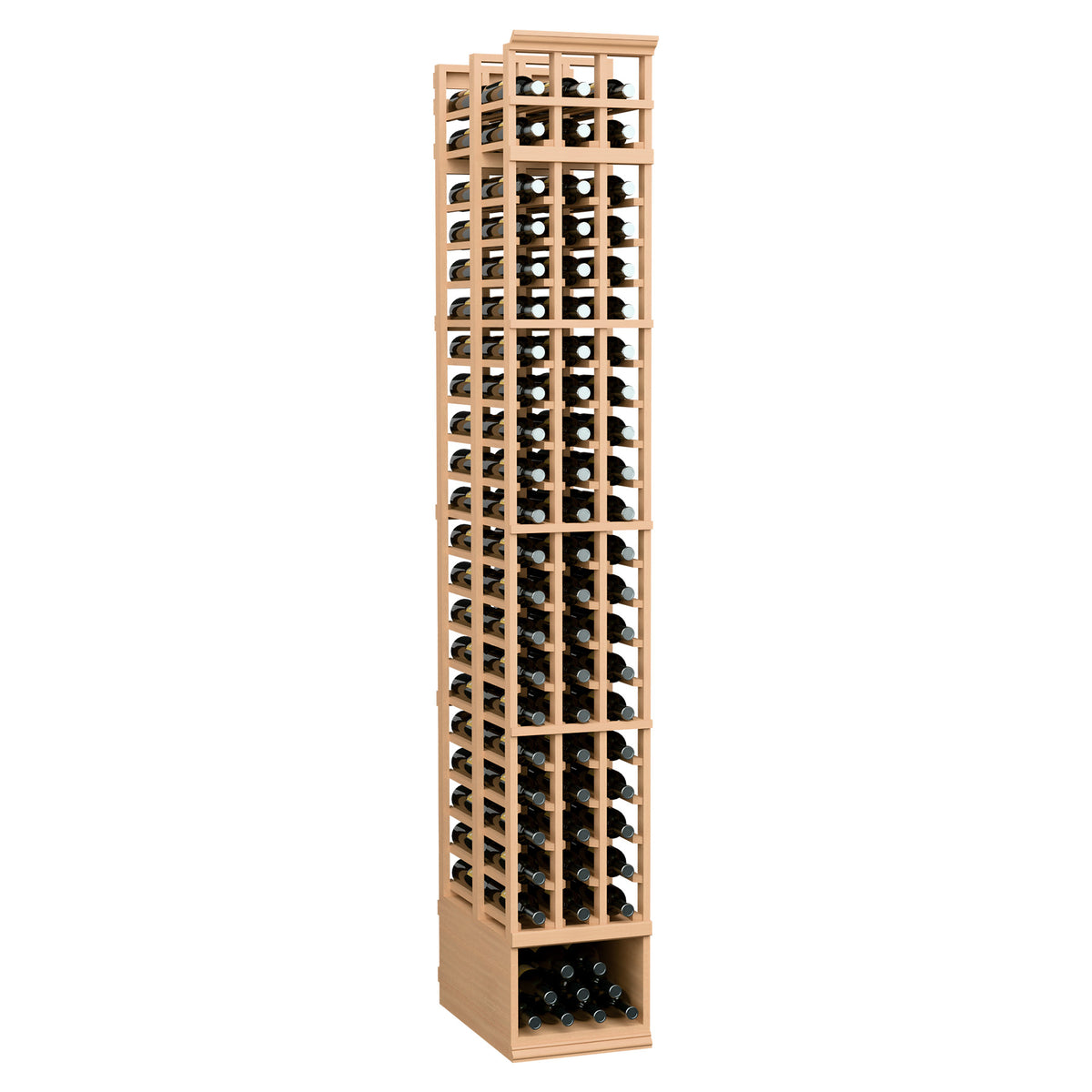 8ft double-deep wine bottle rack with 3 columns and light wood frame, front view with bottle rows