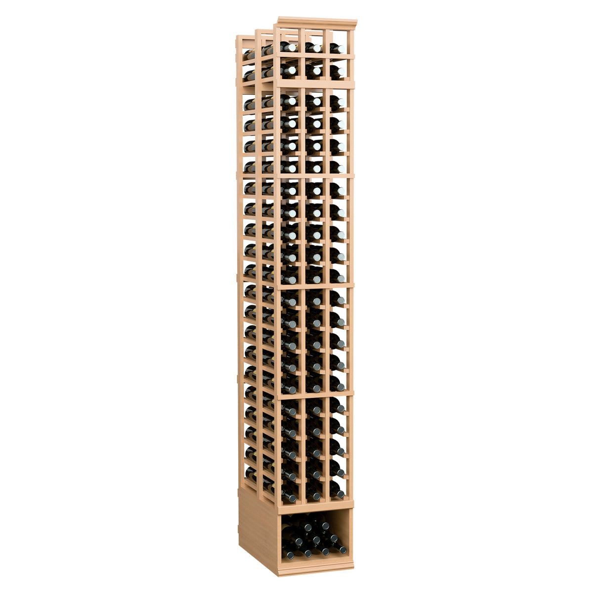 8ft double-deep wine bottle rack with 3 columns and light wood frame, angled view of bottle holders