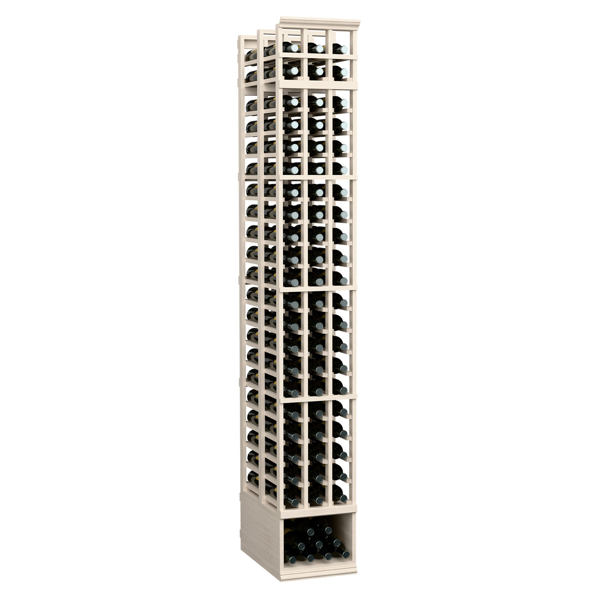 8ft double-deep wine bottle rack with 3 columns and pale white frame, bottles visible in racks