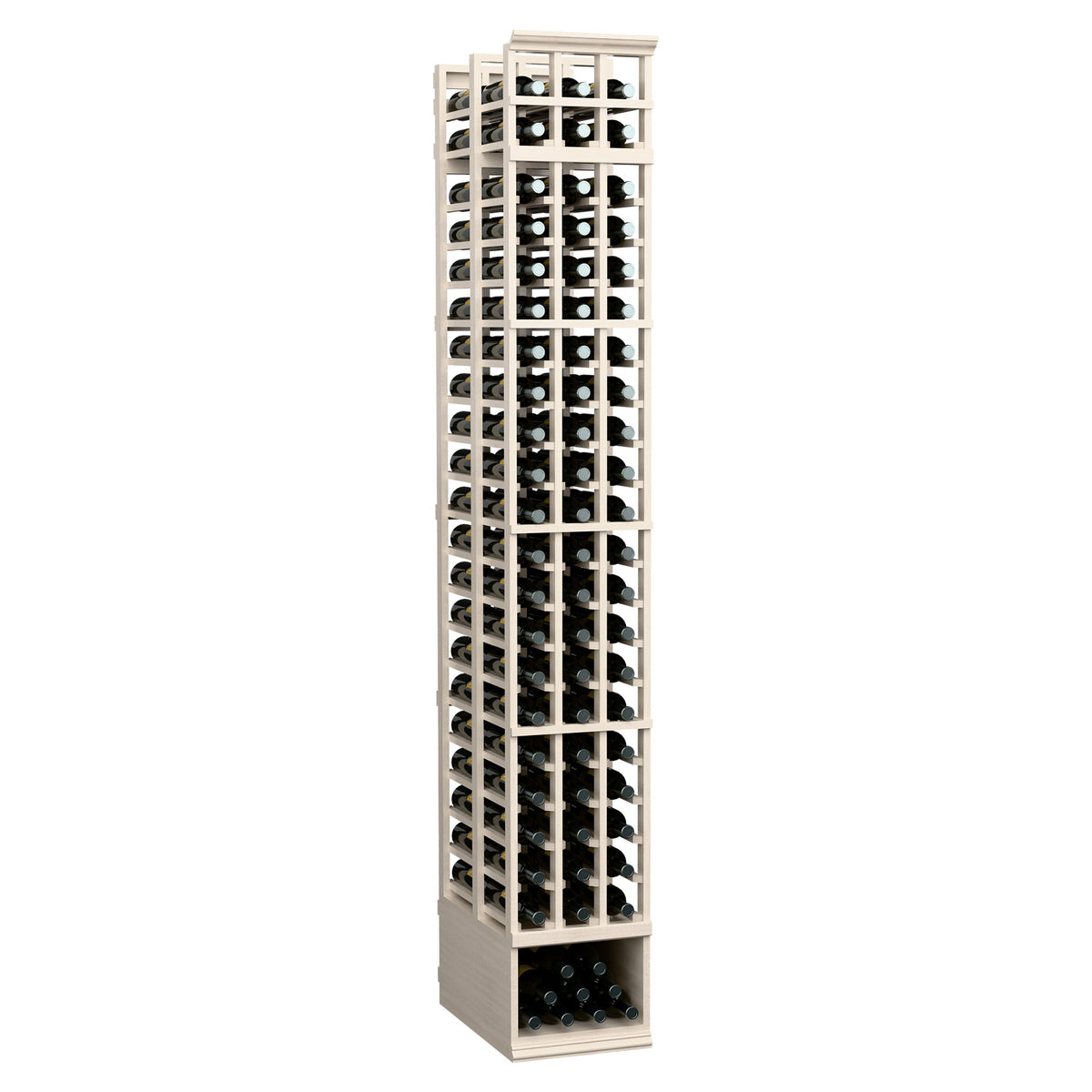8ft double-deep wine bottle rack with 3 columns and pale white frame, front view with bottle storage