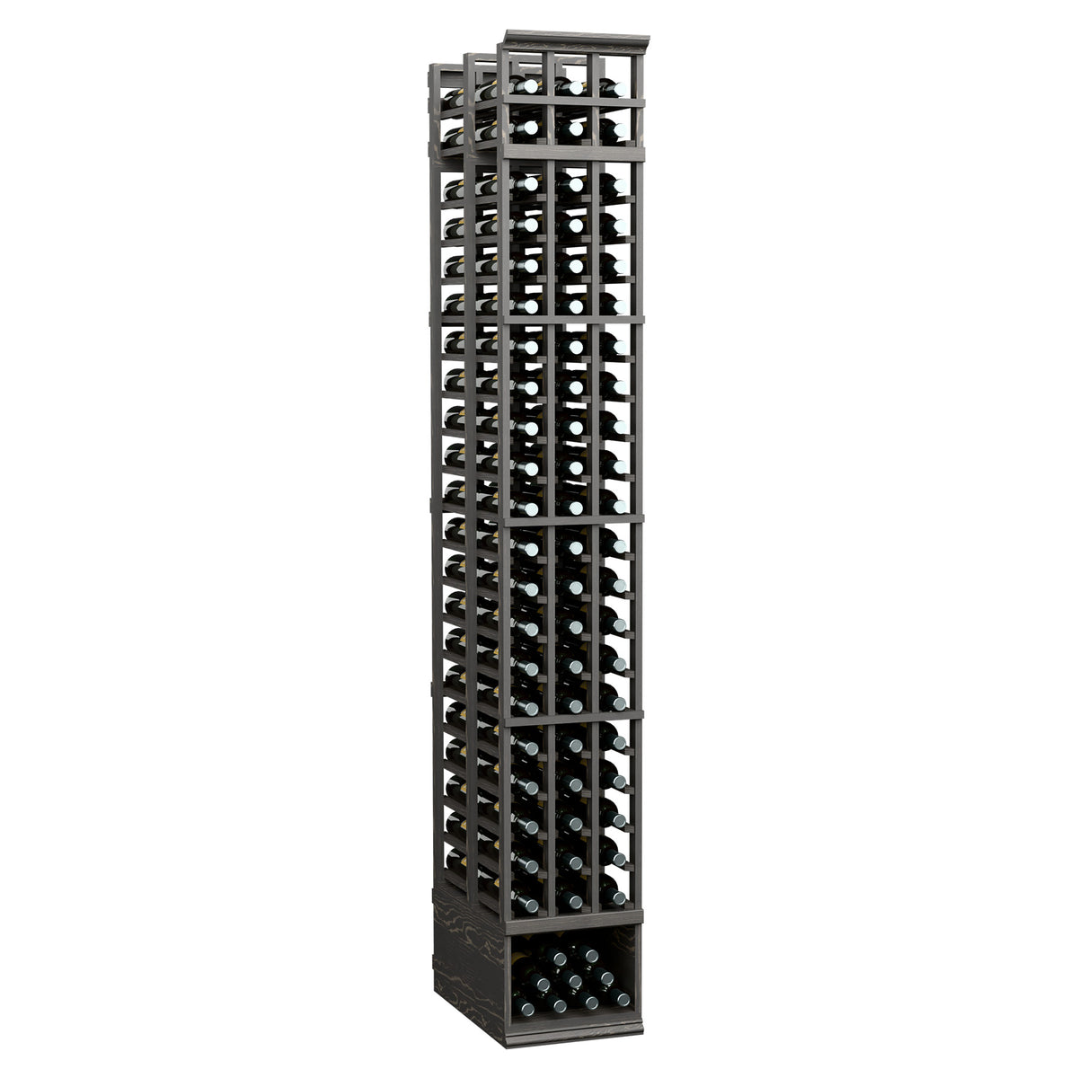 Dark wood and metal 3-column wine rack with double-deep bottle slots, 8 ft tall
