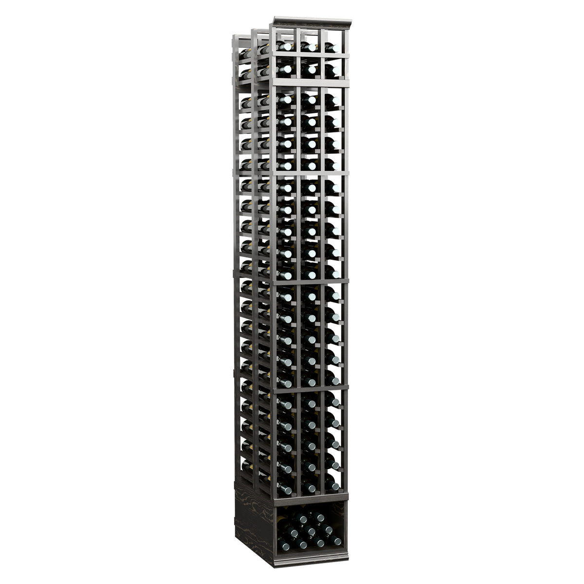 Dark wine rack with metal frame, 3-column design and double-deep bottle rows, 8 ft