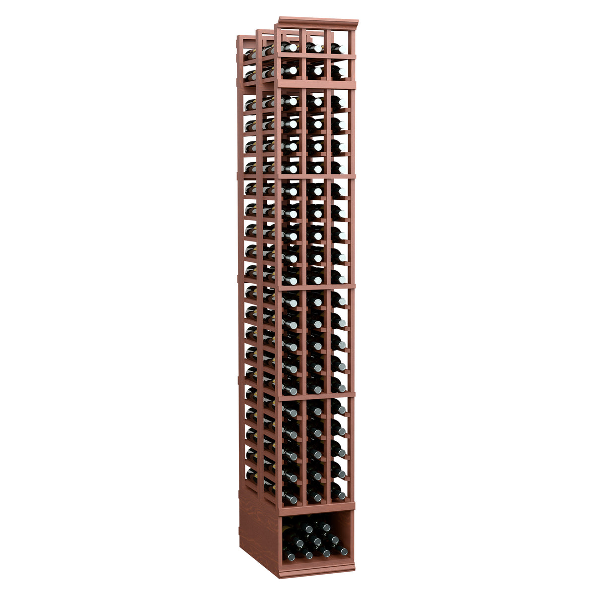 Warm wood 3-column wine rack with double-deep bottle slots, front view, 8 ft tall