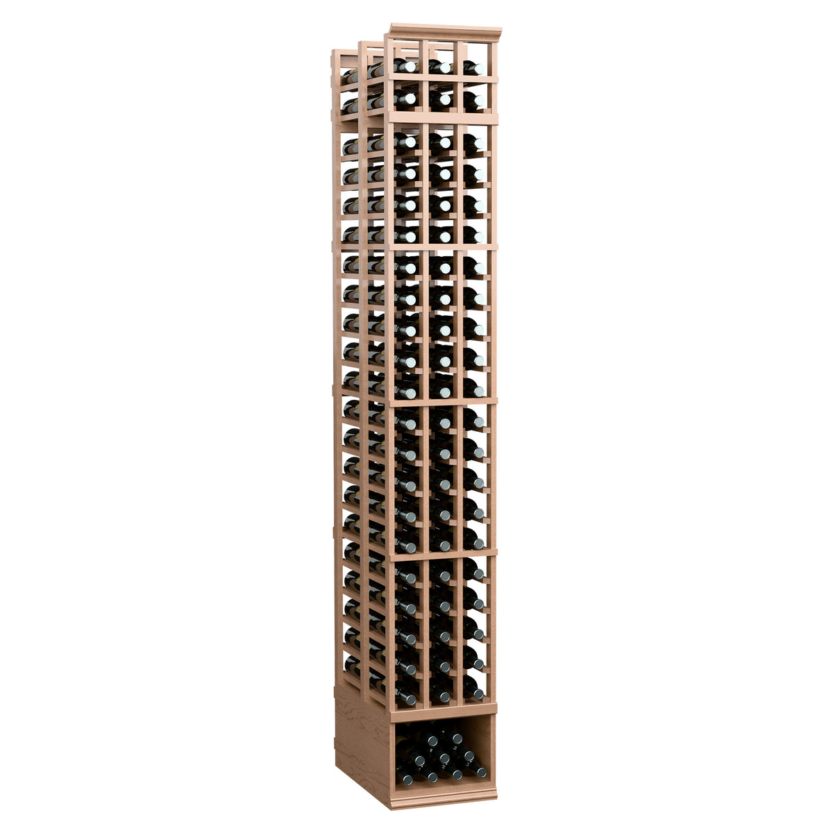 Light wood wine rack with metal frame, 3-column design and double-deep bottle rows