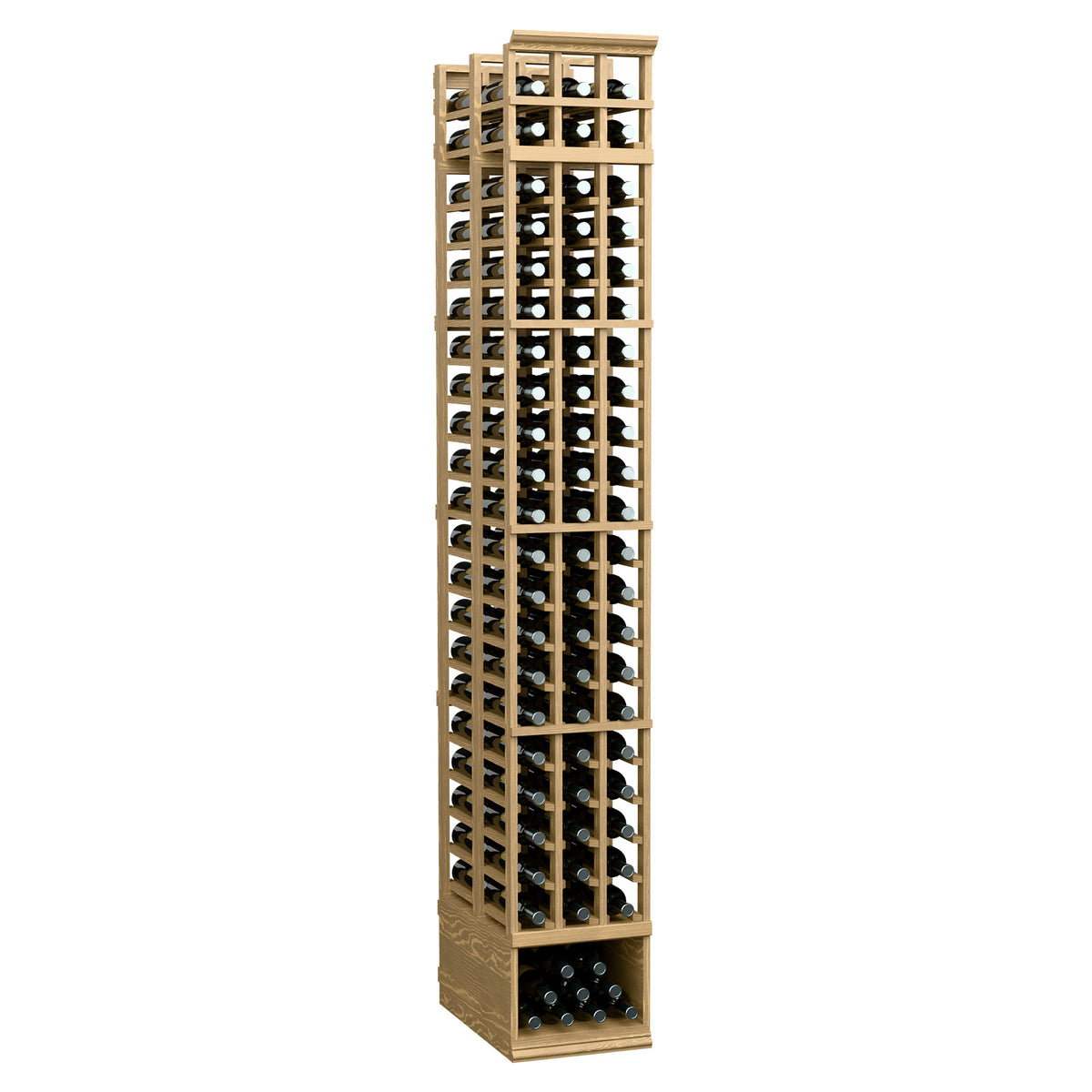 Light wood 3-column wine rack with double-deep bottle slots, angled view, 8 ft