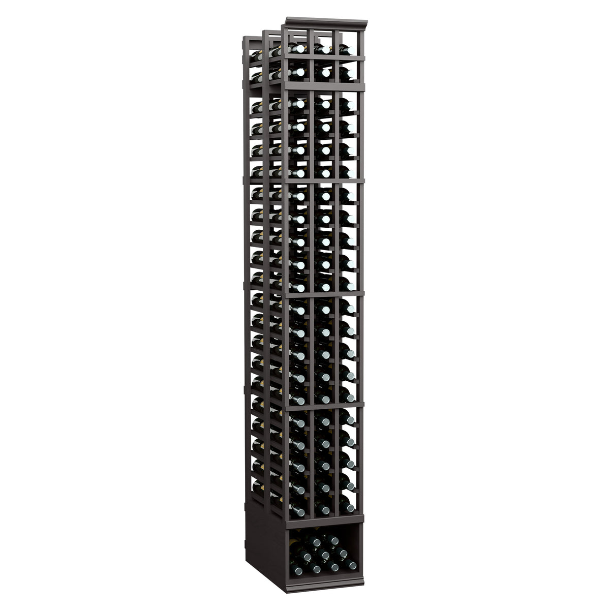 Dark wood and metal 3-column wine rack with double-deep bottle slots, front view, 8 ft