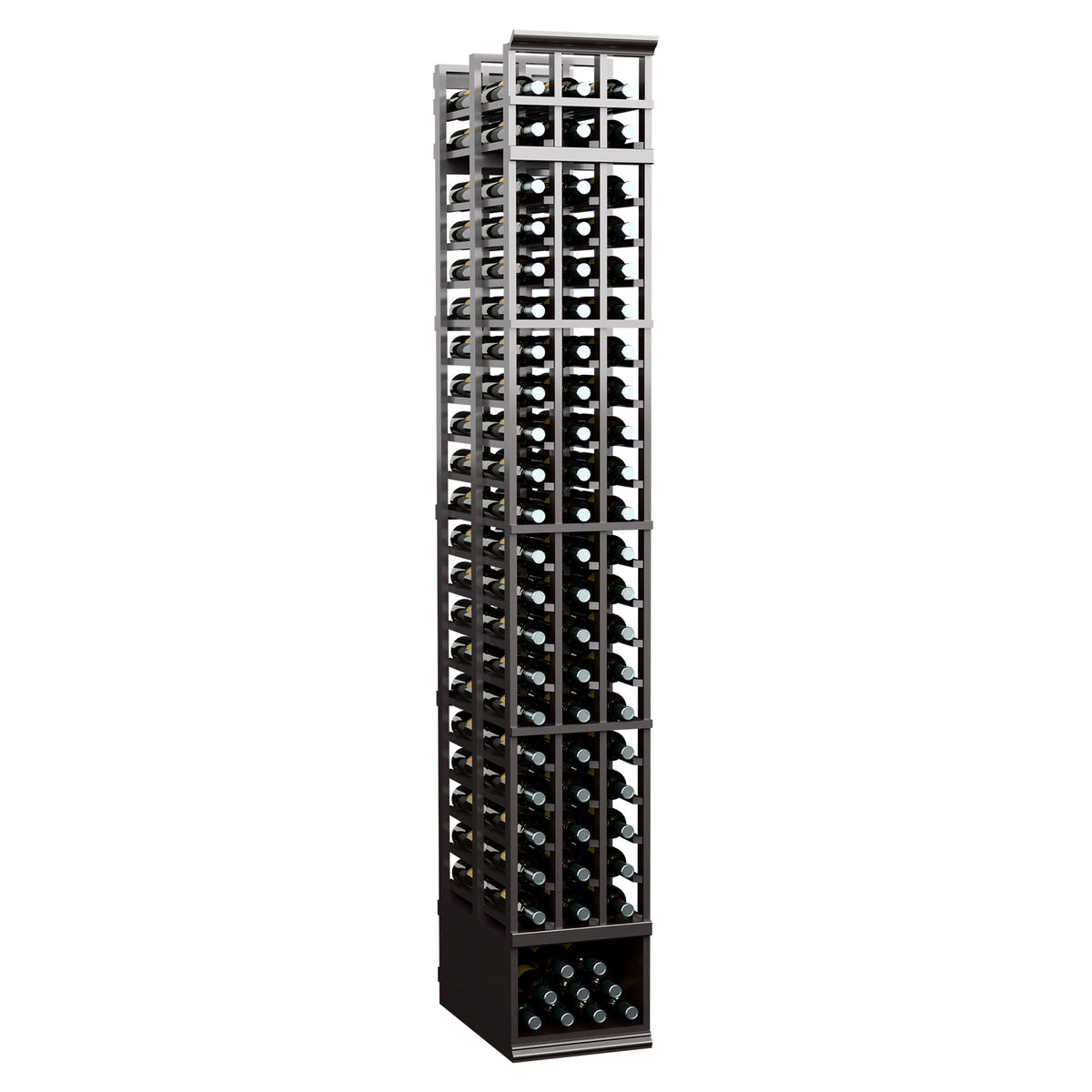Dark wine rack with metal frame, 3-column design and double-deep bottle rows, 8 ft tall