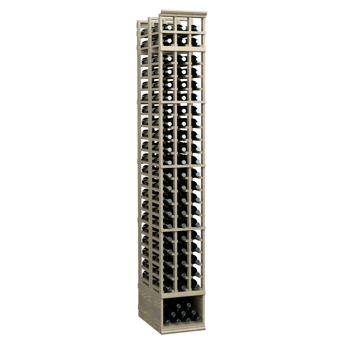 3-column double-deep 8ft wine rack with whitewashed wooden frame and front bottle slots