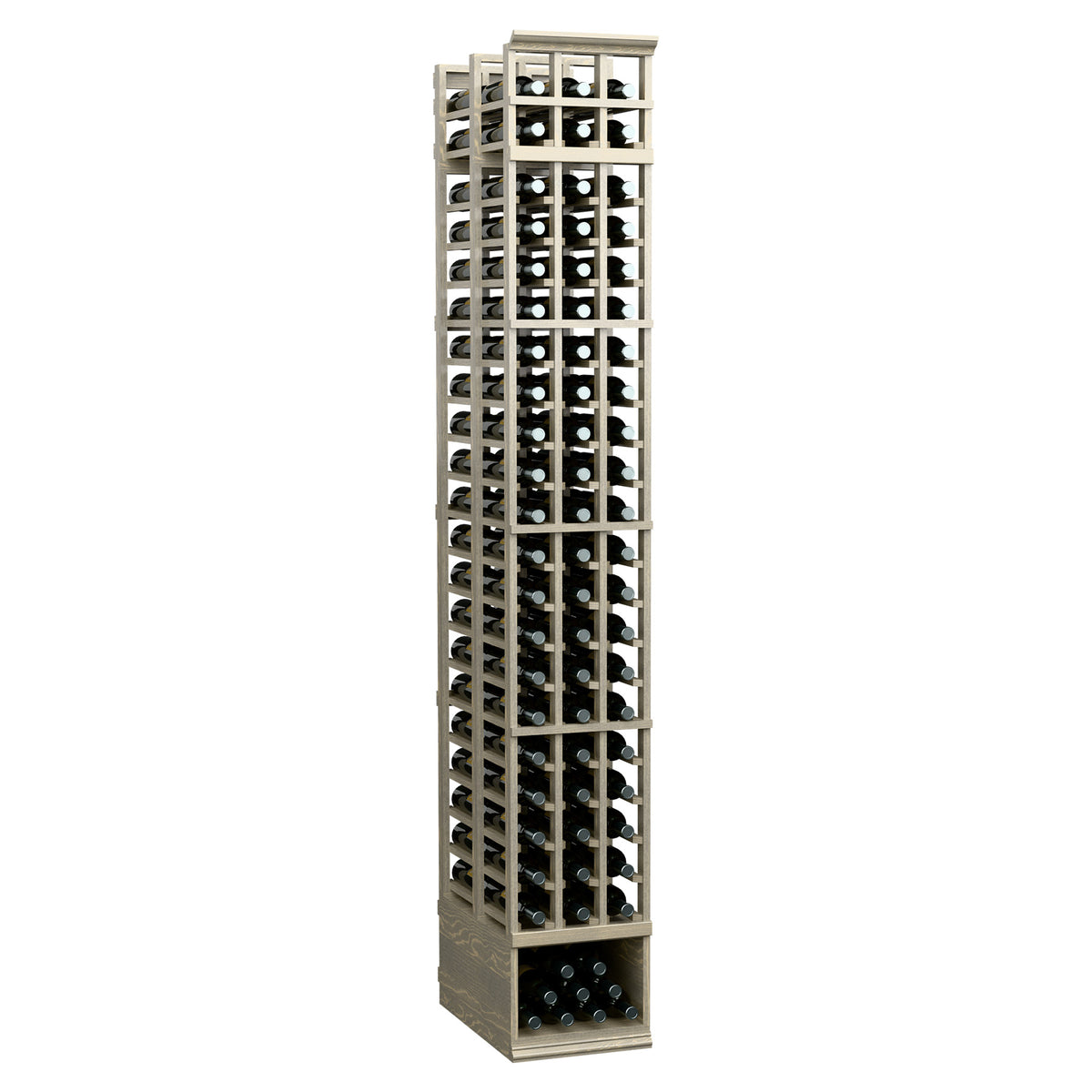 3-column double-deep 8ft wine rack in whitewashed wood with open bottle storage rows
