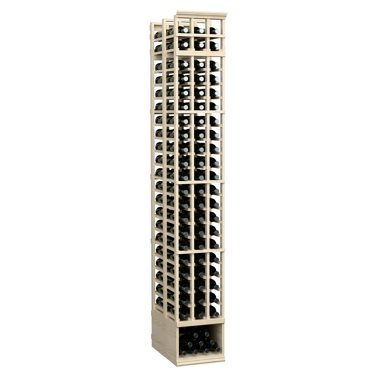 3-column double-deep 8ft wine rack with whitewashed wood frame and angled view of slots