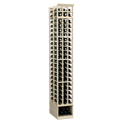 3-column double-deep 8ft wine rack with whitewashed wood frame and angled view of slots