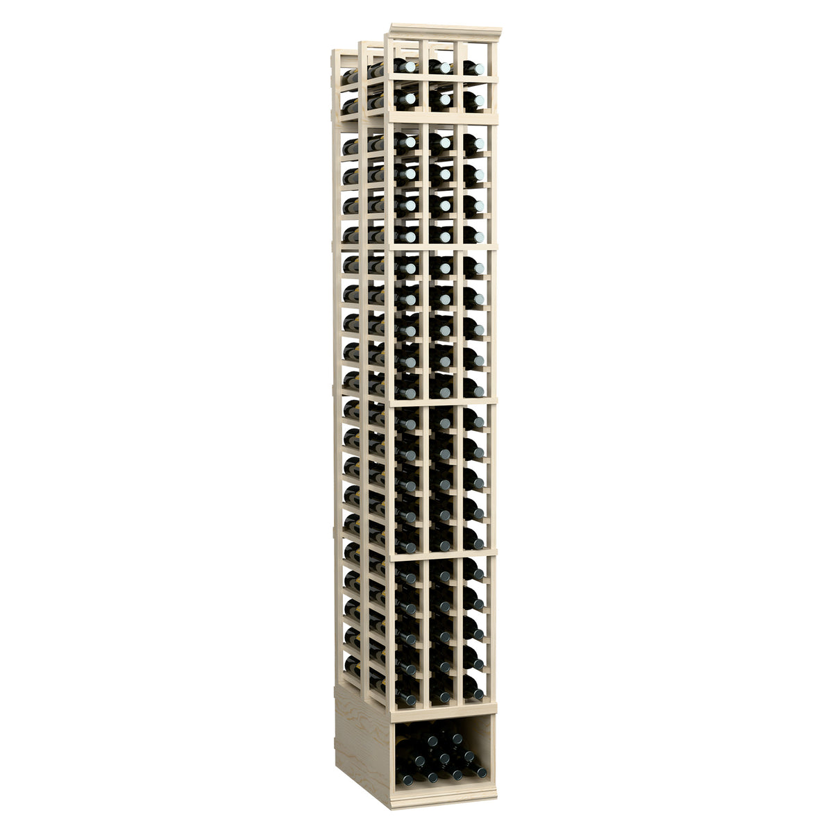 3-column double-deep 8ft wine rack with whitewashed wood and front lower bottle row