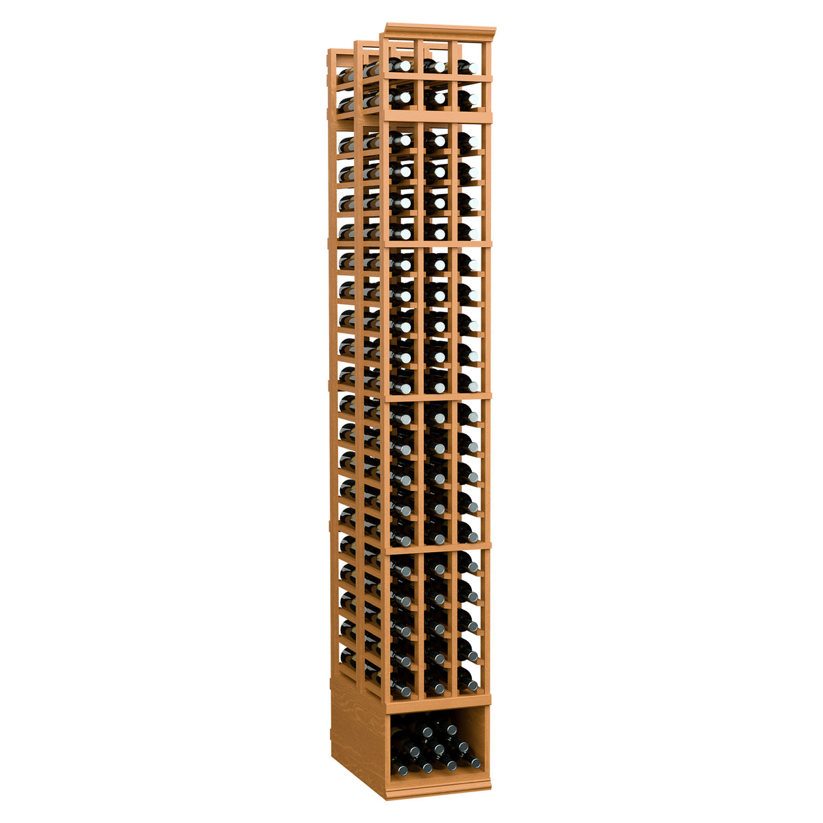 3-column double-deep 8ft wine rack with light honey-toned wood frame and bottle rows