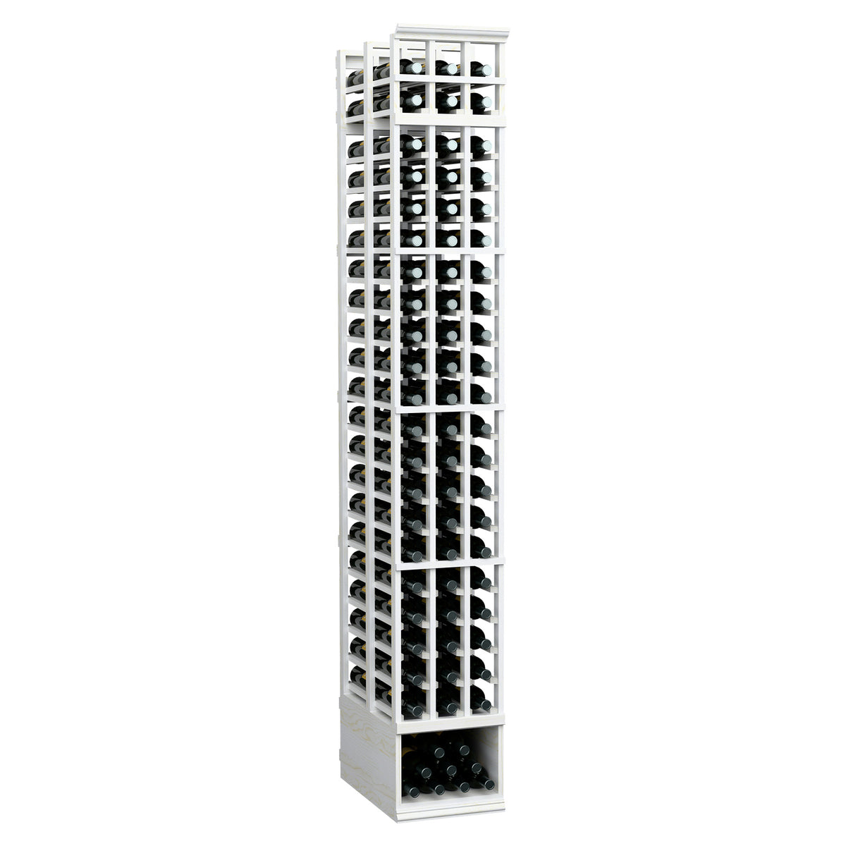3-column double-deep 8ft wine rack with white wooden frame and front bottle slots