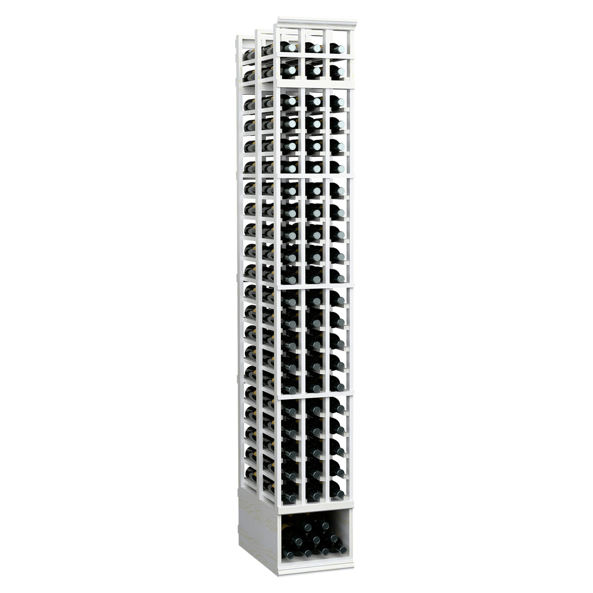 3-column double-deep 8ft wine rack in white wood with open bottle storage and base tray