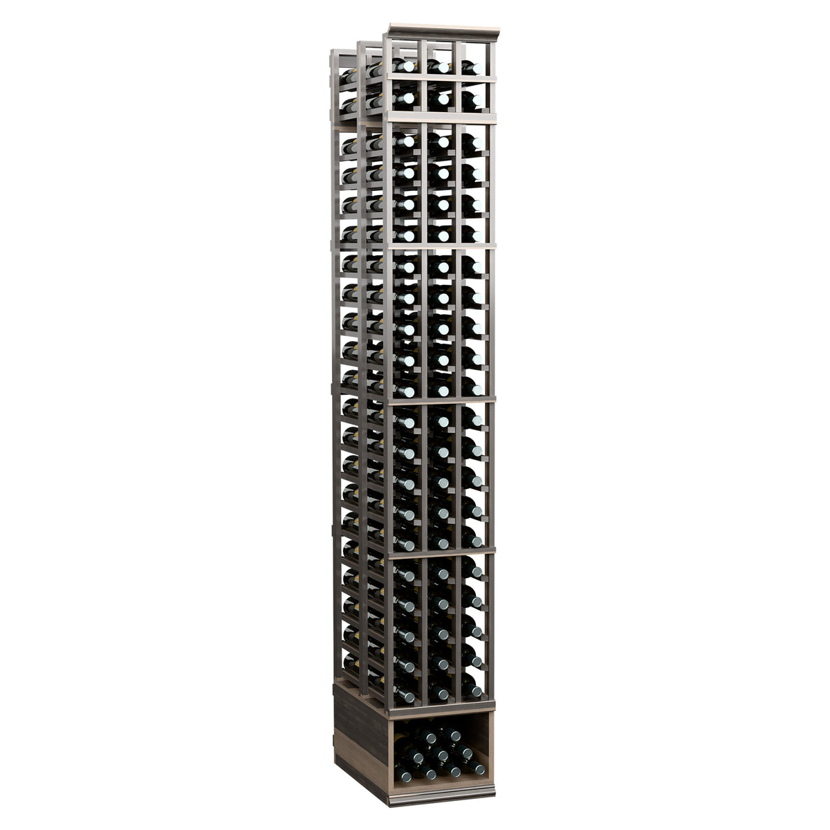 3-column double deep wine rack with bottle holders, dark frame and wine bottle display