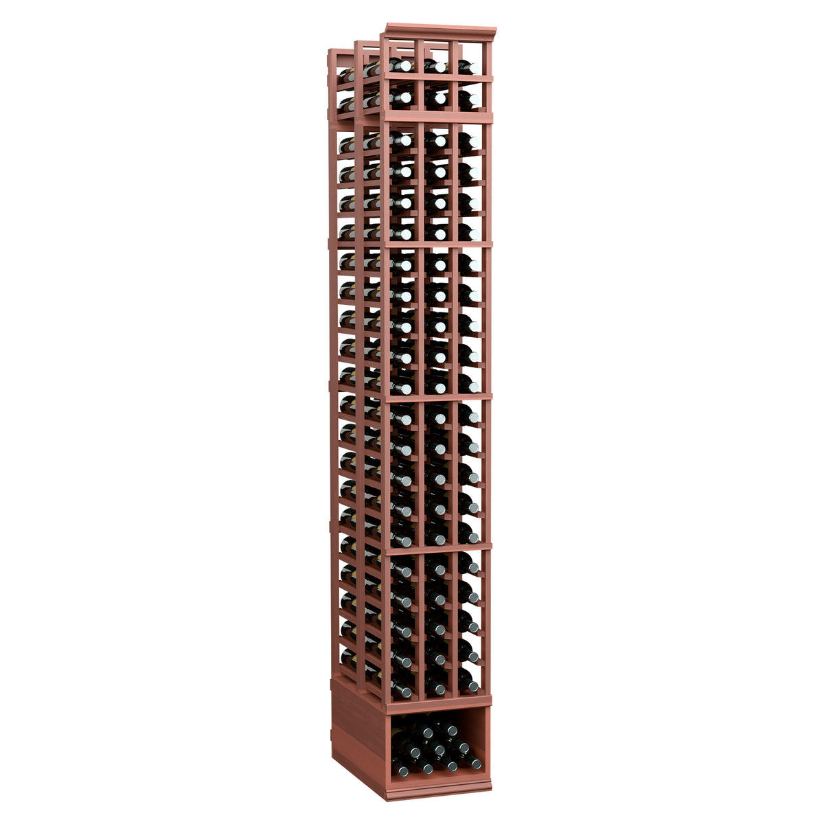 Double deep wine rack with 3 columns, reddish wood frame and bottle slots
