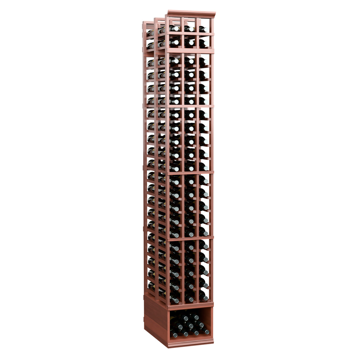 3-column double deep wine rack with bottle holders, warm reddish wood finish