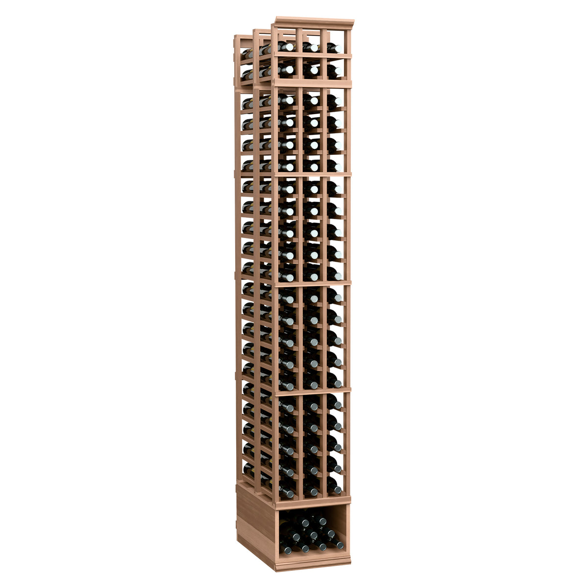 Double deep wine rack with 3 columns and bottle slots, light wood frame