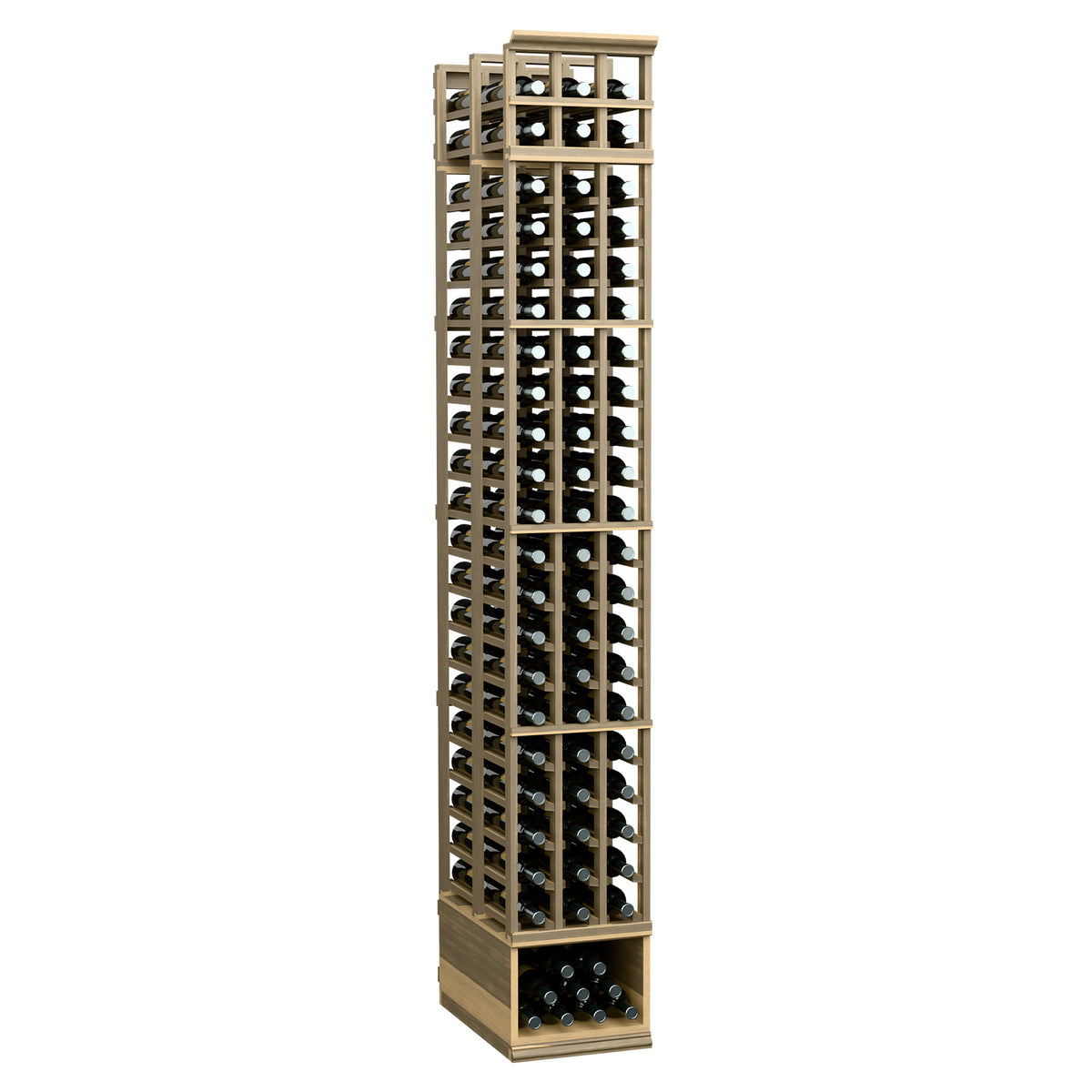 Double deep wine rack with 3 columns, light wood frame and stacked bottle rows